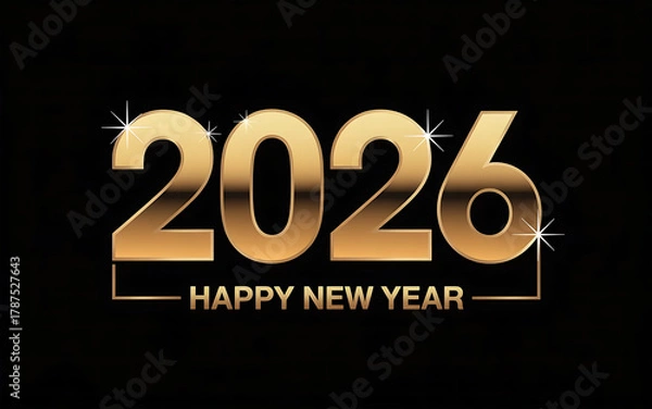 Fototapeta Happy New Year 2026 gold text on black background