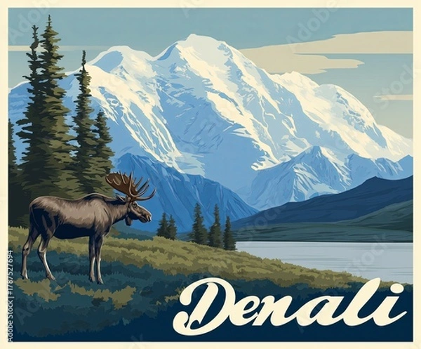 Fototapeta A majestic moose stands before snow capped Denali, surrounded by evergreens and a serene lake. The poster celebrates wilderness, Alaska grandeur, and outdoor exploration.
