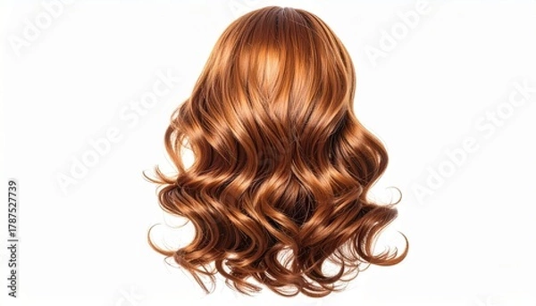 Obraz Voluminous reddish-brown wig with soft, glossy curls fanning outward. Styled in loose waves, the hairpiece evokes elegance and texture, ideal for fashion, costume, or hairstyling visuals.