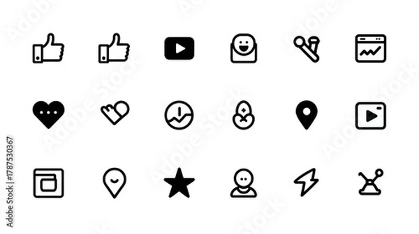 Fototapeta Minimalist Black Line Icons for Social Media, User Interface (UI), Web Design, Mobile Apps, and Digital Interaction Elements Set