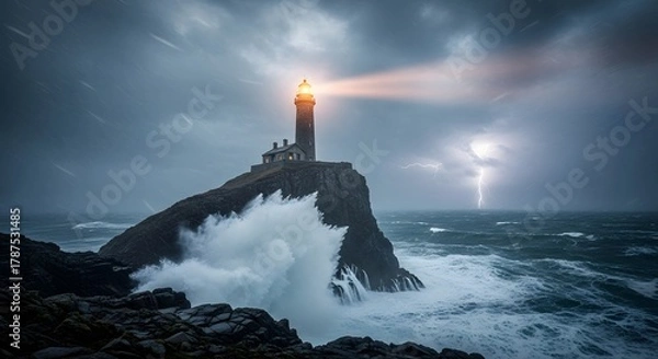 Fototapeta A lighthouse standing on a rocky cliff during a storm with lightning illuminating the dark, cloudy sky and waves crashing against the rocks below