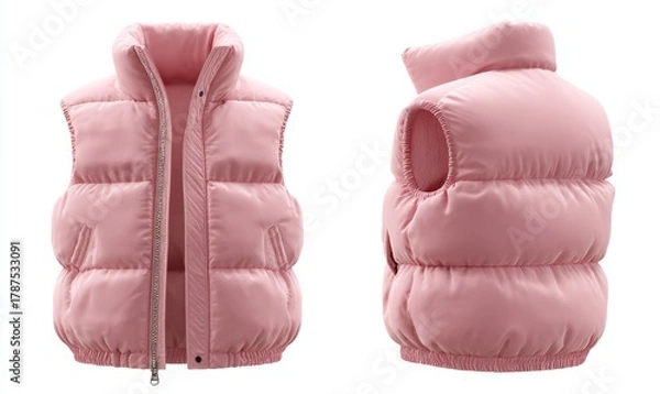 Obraz Pink puffer vest with a front zipper, shown from the front and back.