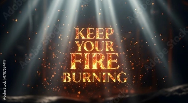 Fototapeta Inspirational quote displayed with fiery text and glowing sparks in a dark, dramatic setting to motivate perseverance and passion
