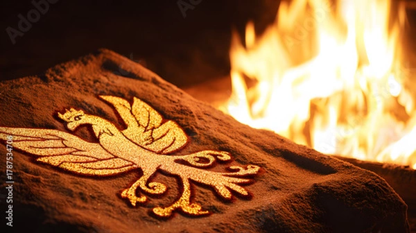 Obraz immortality. Phoenix pattern made of colored sand rising from warm ashes. event programs, museum guides, designed for cultural heritage projects and event programs, elevates cultural identity.