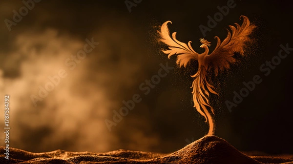Obraz immortality. Phoenix pattern made of colored sand rising from warm ashes. event programs, museum guides, designed for cultural heritage projects and event programs, elevates cultural identity.