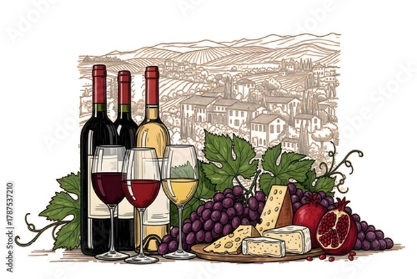 Obraz Wine, cheese, and grapes with vineyard scene