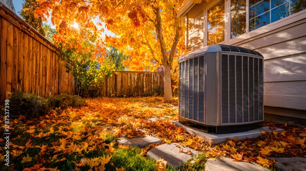 Fototapeta Ac unit in autumn backyard with fallen leaves