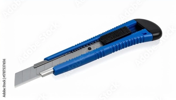 Fototapeta Blue utility knife with retractable segmented blade and textured grip