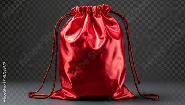 Fototapeta Shiny red satin drawstring bag—closed and gathered at the top