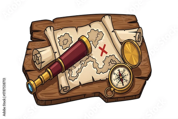 Obraz Treasure map with spyglass and compass