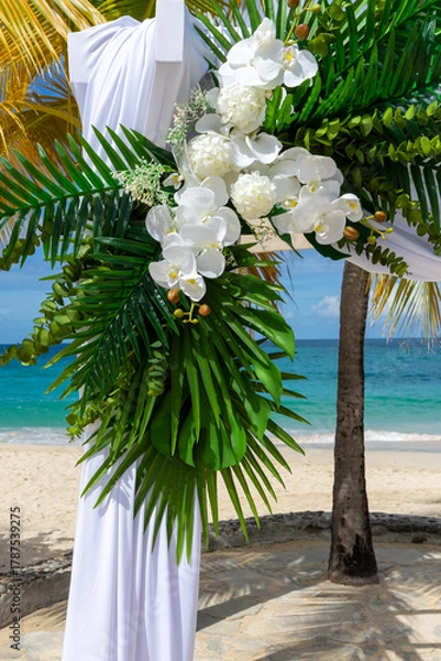 Obraz A floral masterpiece of Phalaenopsis aphrodite orchids and tropical leaves captures the essence of island romance