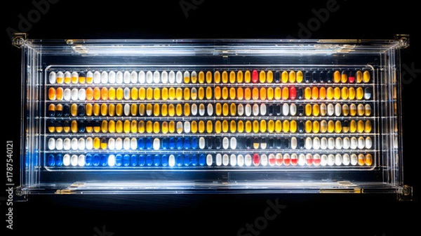 Obraz oligarchy. Pill organizer with tablets in sequence, clinical top view, geometric arrangement. STEM education sheets, lab safety posters, designed for biotech research communications.