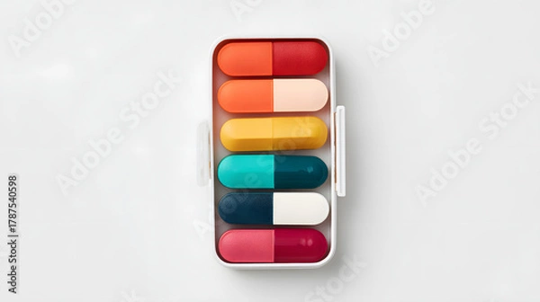 Fototapeta oligarchy. Pill organizer with tablets in sequence, clinical top view, geometric arrangement. STEM education sheets, lab safety posters, designed for biotech research communications.