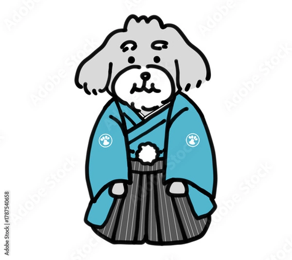 Obraz 水色の紋付袴を着た手描きの犬