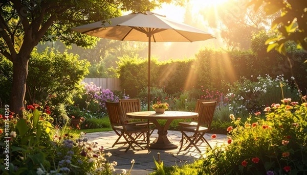 Fototapeta Serene garden scene with sunlit patio, flowers, and outdoor furniture creating a tranquil setting