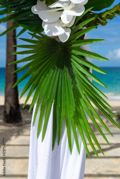 Obraz Delicate white orchids, lush tropical foliage and silk drapes create a timeless setting for island vows