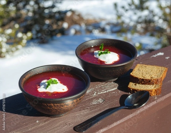 Obraz Two hearty bowls of vibrant red borscht soup, topped with a dollop of creamy white sour cream and fresh green herbs, served with slices of dark rye bread and...