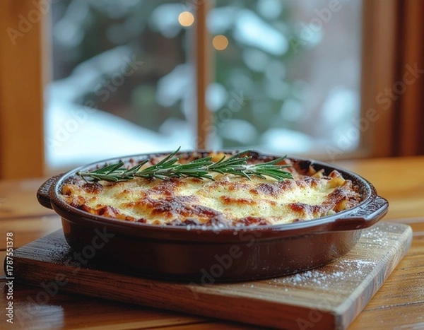 Obraz A close-up of a golden-brown baked pasta dish topped with fresh rosemary, served in a rustic ceramic casserole dish on a wooden board.
