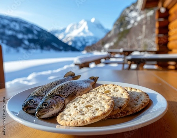 Obraz Freshly caught trout and crackers served on a plate with a picturesque snow-covered mountain landscape and rustic cabin in the background.