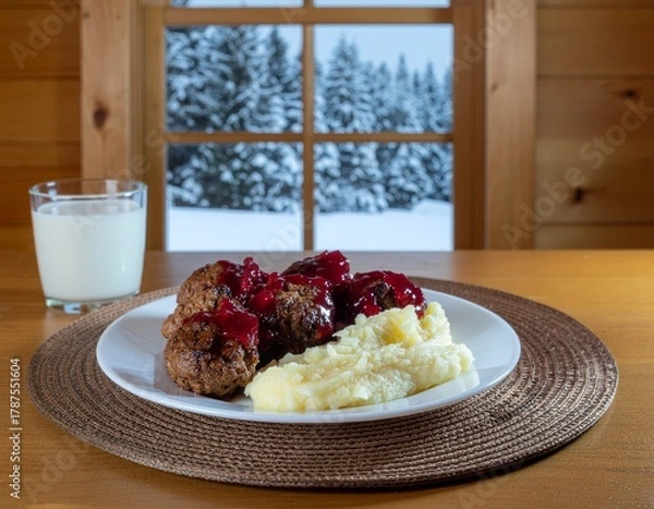 Obraz A cozy indoor scene featuring a plate of meatballs with mashed potatoes and a glass of milk.