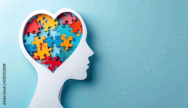 Fototapeta Conceptual representation of mental well-being depicted with a mind filled with puzzles