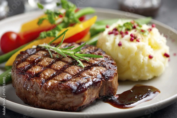 Fototapeta Delicious grilled beef steak sits on a plate alongside smooth mashed potatoes and vibrant vegetables. Perfect for a satisfying meal at any time of day