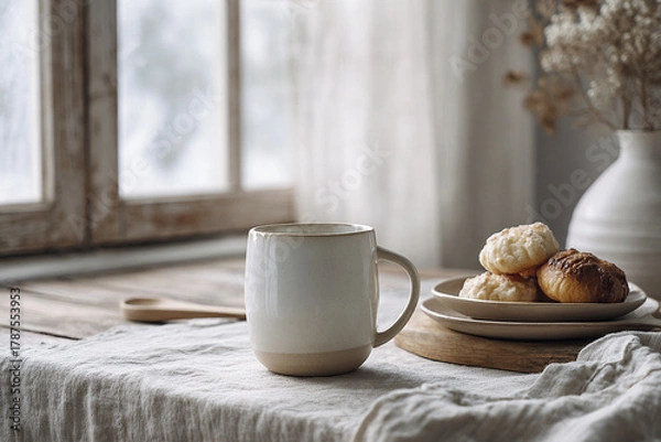 Fototapeta Warm light filters through a window, illuminating a simple table set for a tea party. A white mug sits beside a plate of pastel-colored pastries, creating a serene atmosphere
