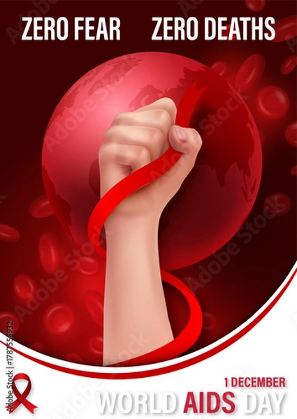 Obraz Concept poster campaign of world AIDS day with human hand up and holding awareness red ribbon, wording of event and example texts on red global, red blood cell background. All in vector design