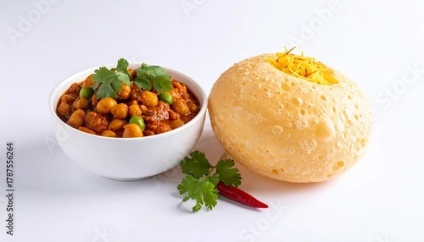 Obraz Delicious Indian Cuisine: Chickpea Curry with Fried Bread and Garnishes on a White Background