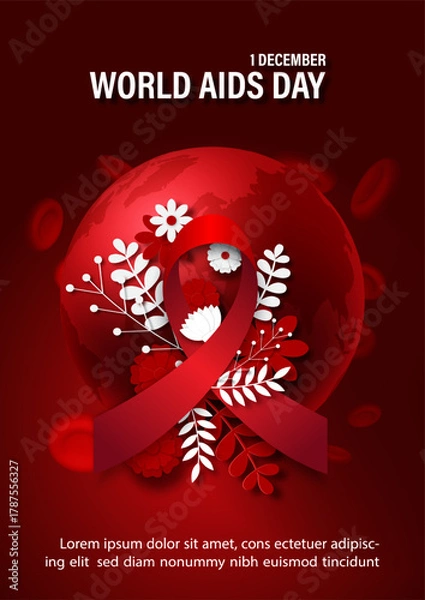 Fototapeta Red ribbon with decorated plants and wording of event on global and red blood cells with red background. World AIDS day poster's campaign in paper cut and 3d style with vector design.