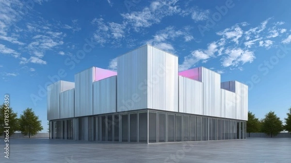 Fototapeta 3d rendering of a modern building with a blue sky and white clouds in the background. the building appears to be a two-story structure with a flat roof and multiple levels.