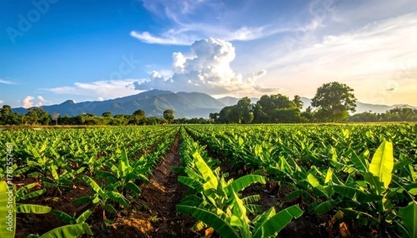 Fototapeta A vibrant, expansive farm field planted with rows of green, leafy plants under a clear, sunlit sky, mountains in the distance