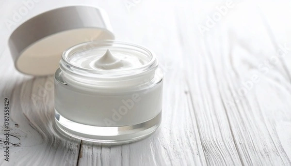 Fototapeta Aesthetic white cream jar with lid on a white wooden surface for skincare