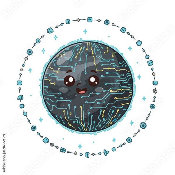 Obraz Cute Circuit Board Planet with Kawaii Face and Decorative Orbit.