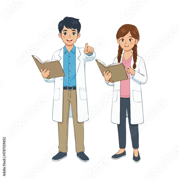 Obraz Two Scientists in Lab Coats Holding Books and Pointing.