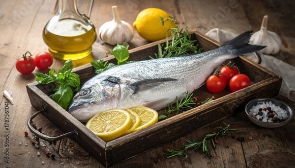 Obraz Freshly prepared seafood on a wooden tray with herbs and lemon slices for a gourmet meal
