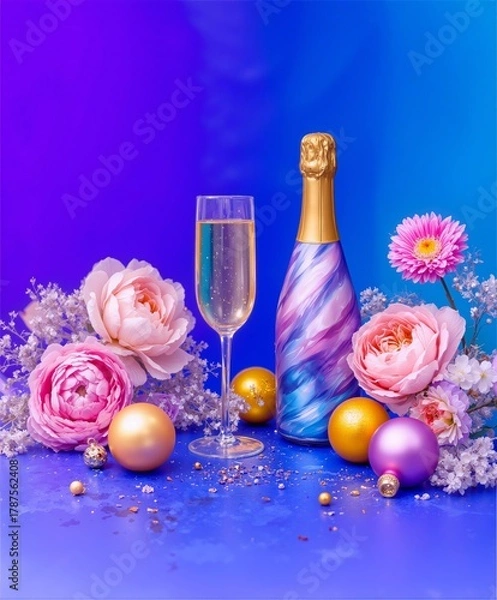 Fototapeta Elegant champagne bottle and glass surrounded by pastel flowers and shiny ornaments against a dreamy blue-purple gradient backdrop. A glamorous, festive holiday scene perfect for celebrations