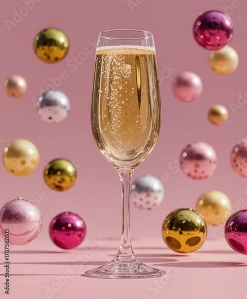Fototapeta Festive champagne glass surrounded by floating metallic holiday ornaments on a soft pink background. Sparkling bubbles and vibrant baubles create a chic, modern celebration mood perfect for holidays