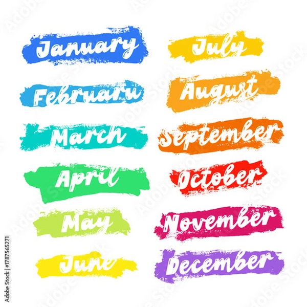 Obraz A set of colorful brush strokes with the months of the year written on them. Brush strokes of different colors and sizes create a vibrant and playful look