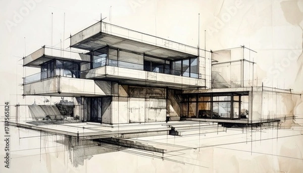 Fototapeta Architectural Illustration: Modern Residence Sketch Showing Design and Concept Development