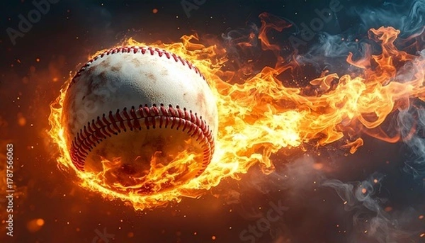 Obraz Fiery Baseball Soaring Through Intense Flames, High-Impact Action and Dynamic Display