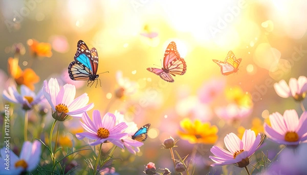 Obraz Butterflies and wildflowers in a sunny field, nature background, spring time