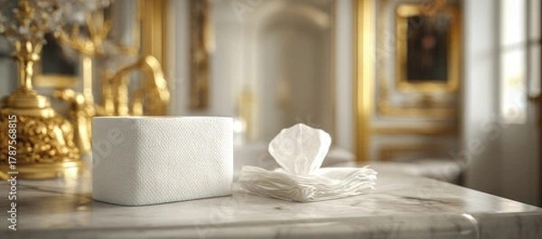 Fototapeta White tissue box and napkins on a marble surface in a luxurious interior