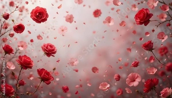 Obraz Flying Red Rose Petals on Red Background for Romantic and Festive Design