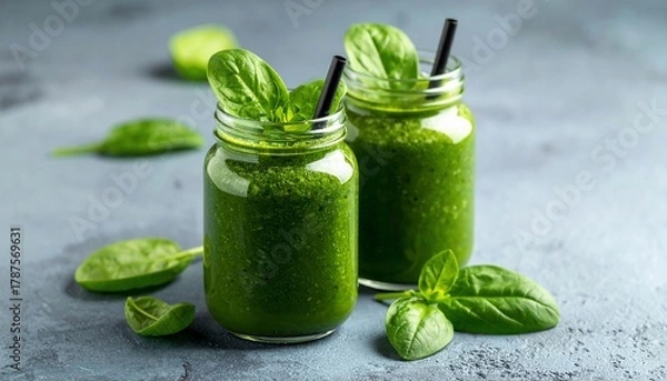 Obraz Healthy green smoothie served in glass jars with fresh basil leaves ready for consumption