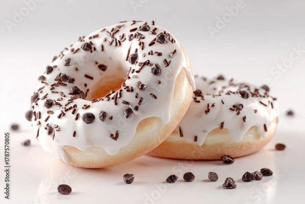 Obraz Two white frosted donuts with chocolate sprinkles