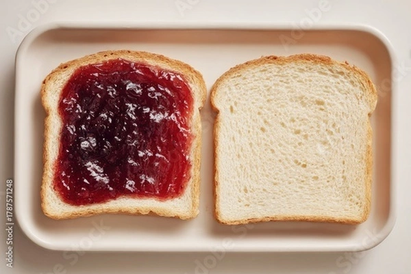 Fototapeta Two slices of bread, one with jam