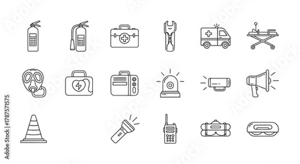 Obraz Comprehensive emergency and safety icon set featuring fire extinguisher, first aid, ambulance, and rescue equipment for critical incident preparedness