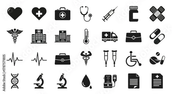 Obraz Essential medical icons representing healthcare, wellness, and patient care for professional design projects