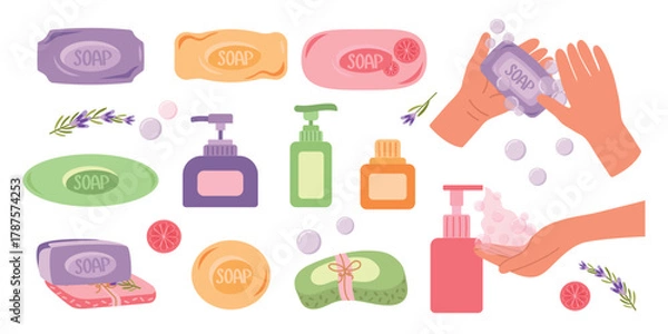 Fototapeta A large set of bar and liquid soap. Vector illustration of handmade soap, hand and body hygiene.